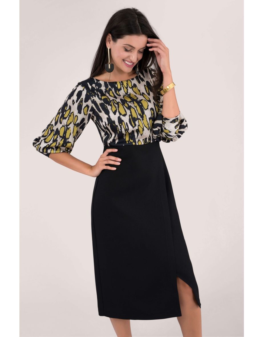 Black Leopard Print 2-in-1 Pencil Midi Dress