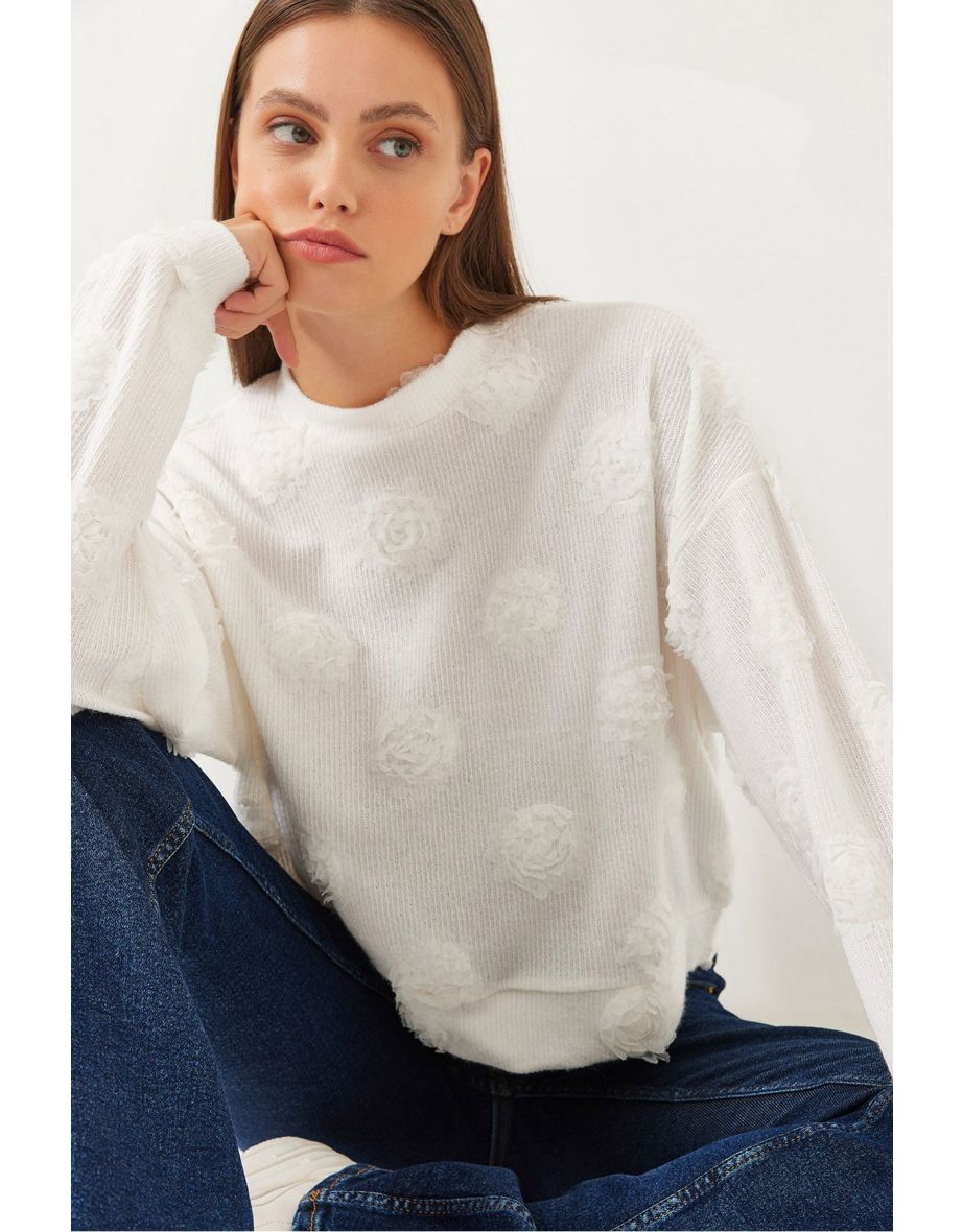 Women's Crew Neck Rose Detailed Blouse