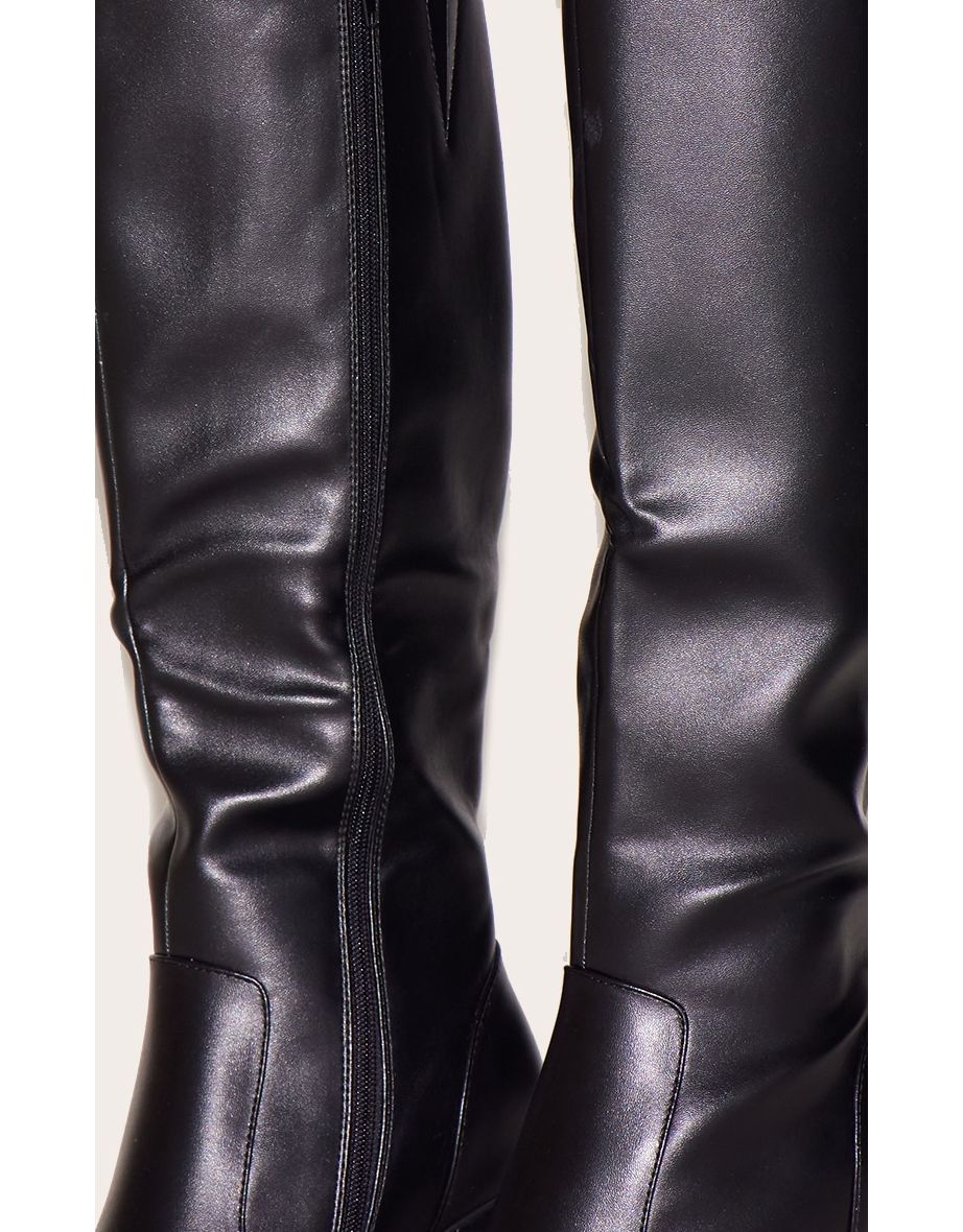 Black Pu Square Toe Block Heel Knee High Boots - 4