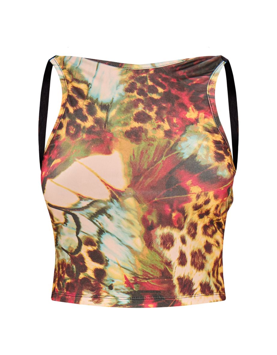 Brown Slinky Printed Lace Back Crop Top - 4