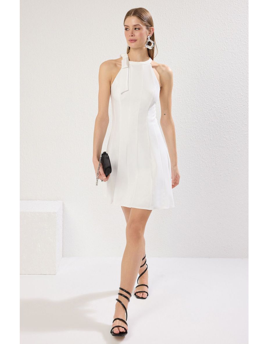 White Plain Skirt with Tie Detail Opening at Waist Mini Woven Dress