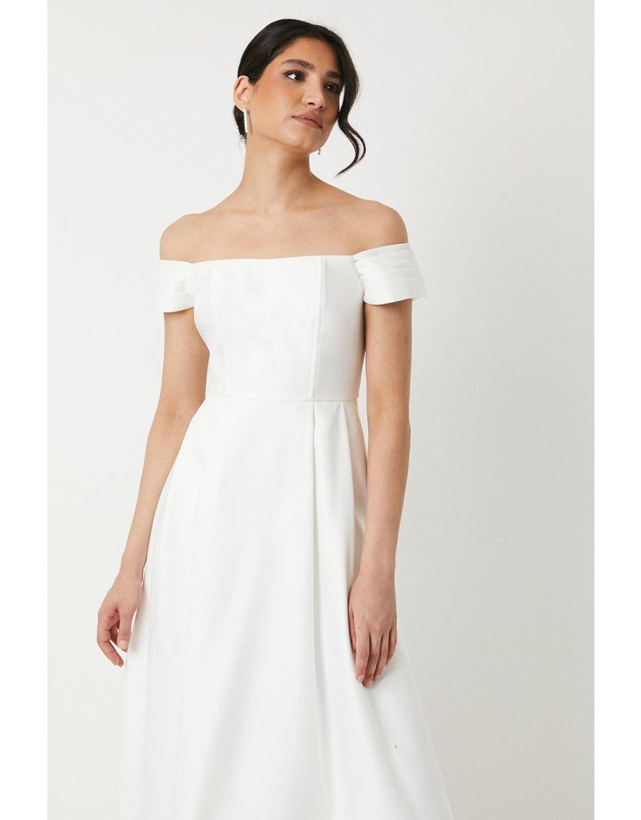 Structured Satin Bardot Full Skirted Wedding Dress - 3
