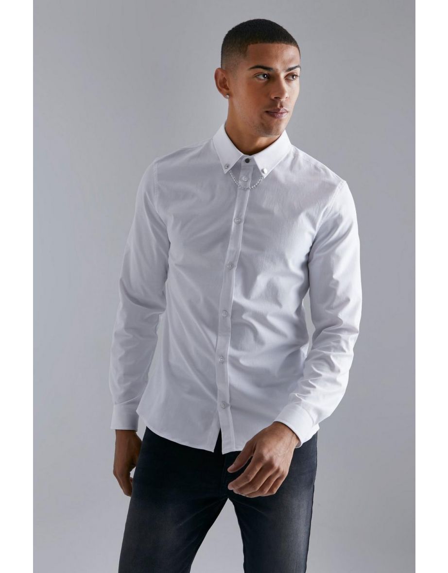 Long Sleeve Slim Chain Collar Shirt - white