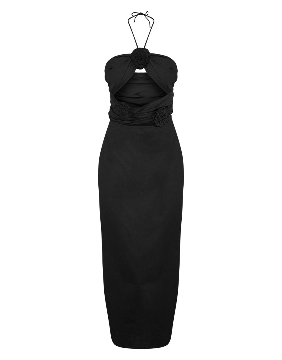 Black Linen Look Rose Detail Tie Neck Cut Out Maxi Dress - 4