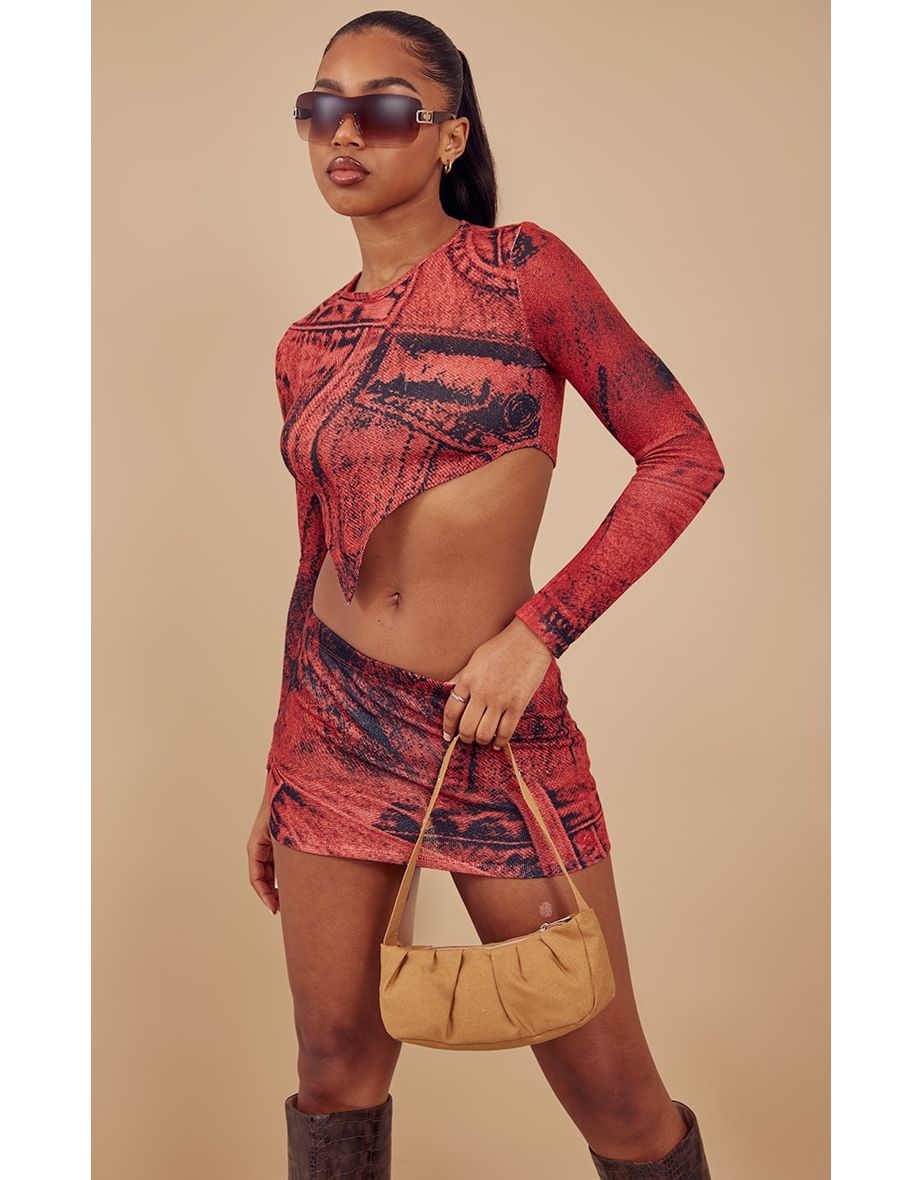 Red Print Asymmetric Hem Long Sleeved Top