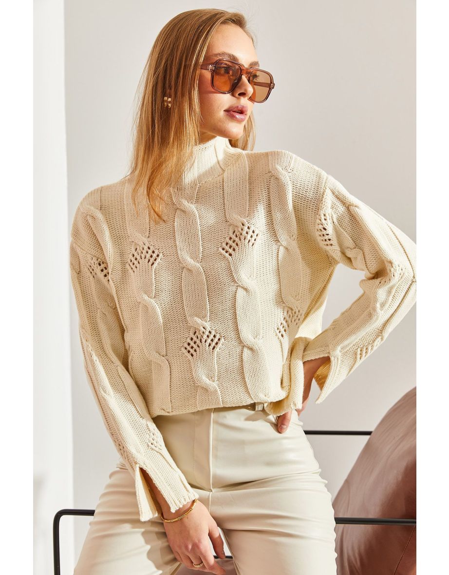 Women's Half Turtleneck Hair Knitted Patterned Knitwear Sweater