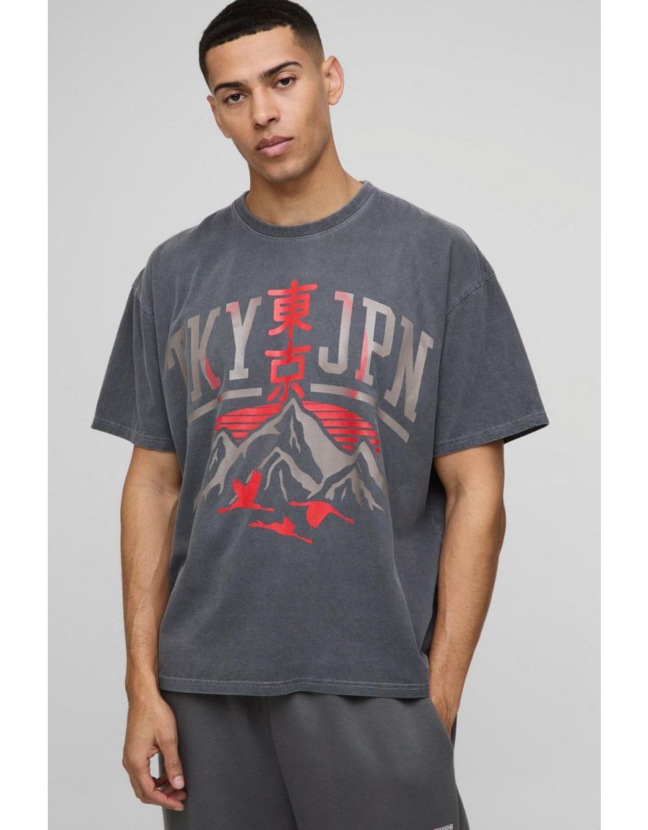 Oversized Tokyo Japan Mountain Washed T-Shirt - charcoal