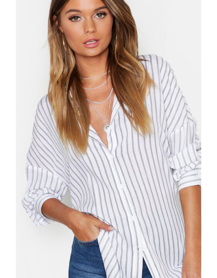 Oversized Split Side Cotton Feel Stripe Shirt - beige - 3
