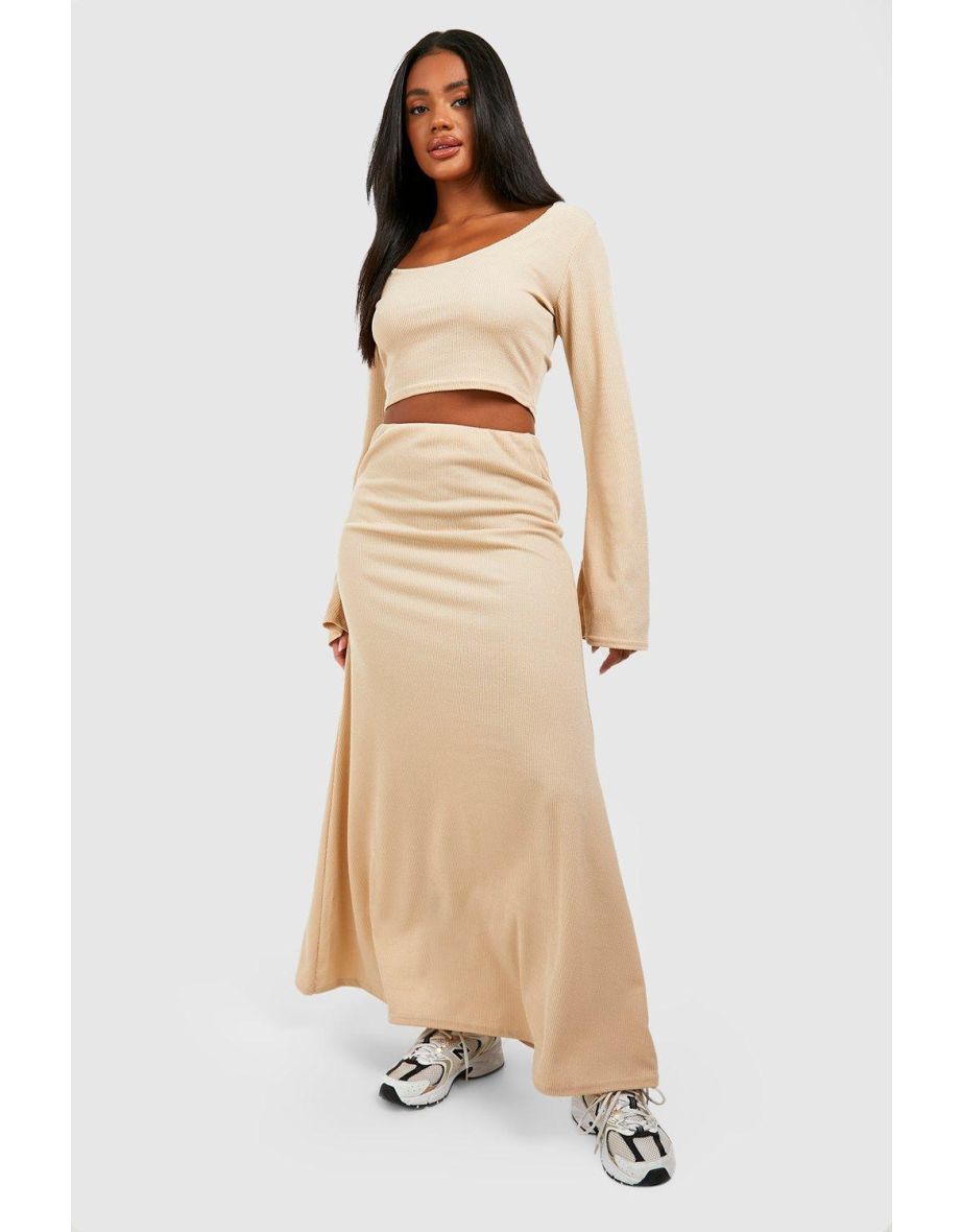 Ribbed Flared Hem Maxi Skirt - soft beige