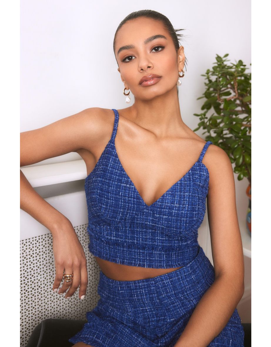 Royal Blue Checked Boucle Crop Top