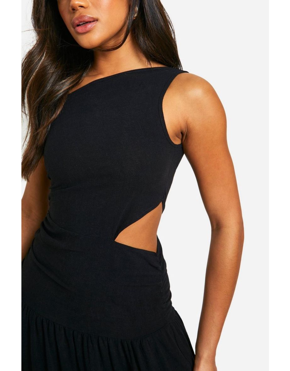 Linen Cold Shoulder Cut Out Midaxi Dress - black - 3