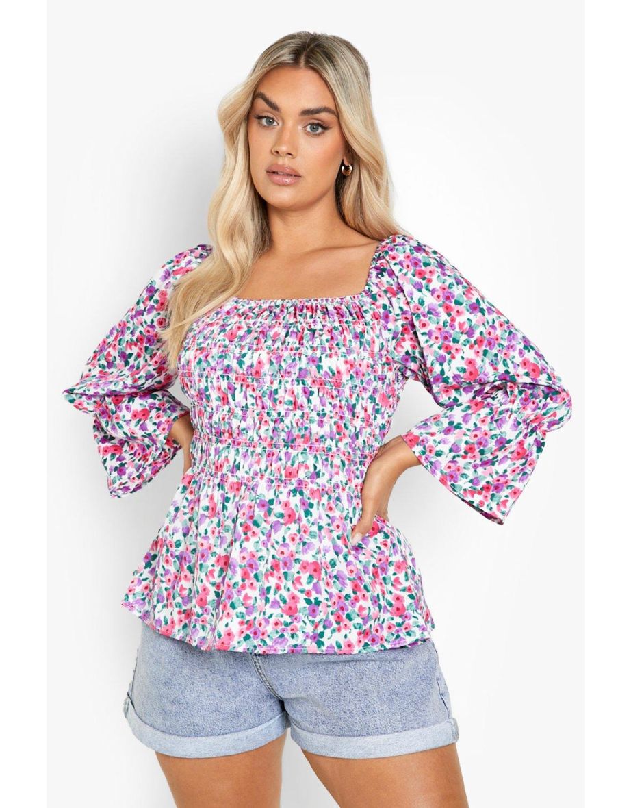 Plus Floral Shirred Frill Hem Blouse - white - 3