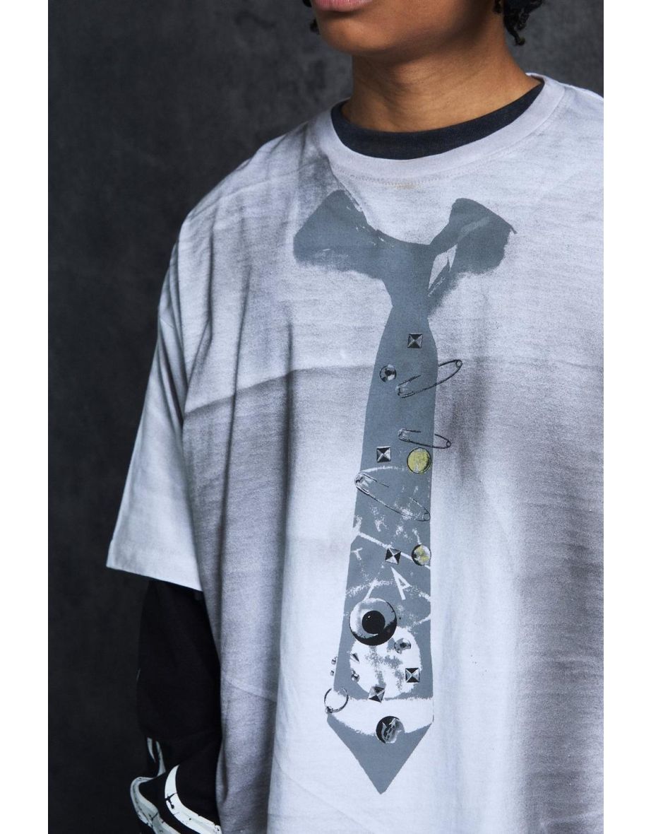 Trippie Redd Oversized Heavy Washed Tie Print T-shirt - white - 2