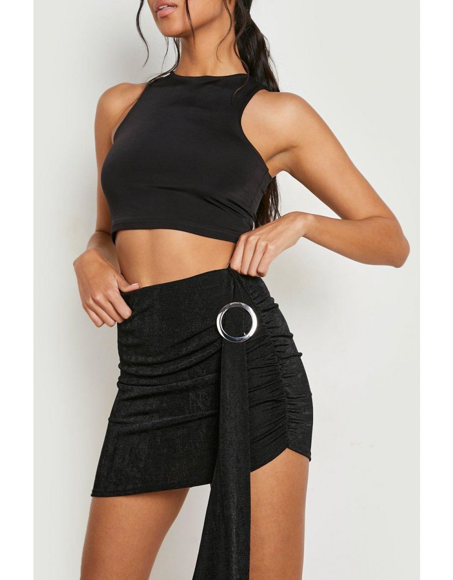 Textured Slinky O-ring Belt Mini Skirt - black - 3