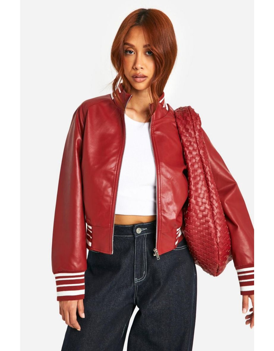 Stripe Rib Faux Leather Bomber Jacket - dark red