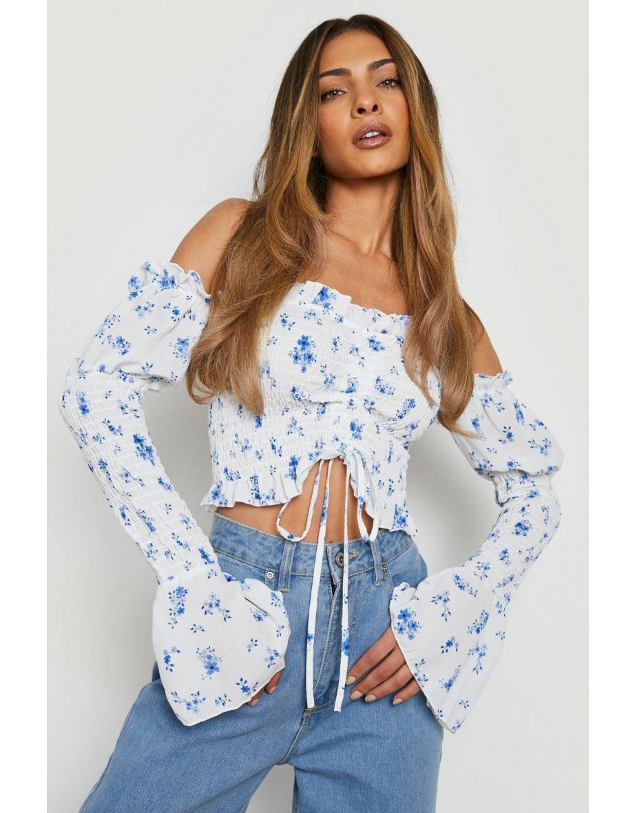 Floral Sheered Detail Volume Sleeve Crop Top - white