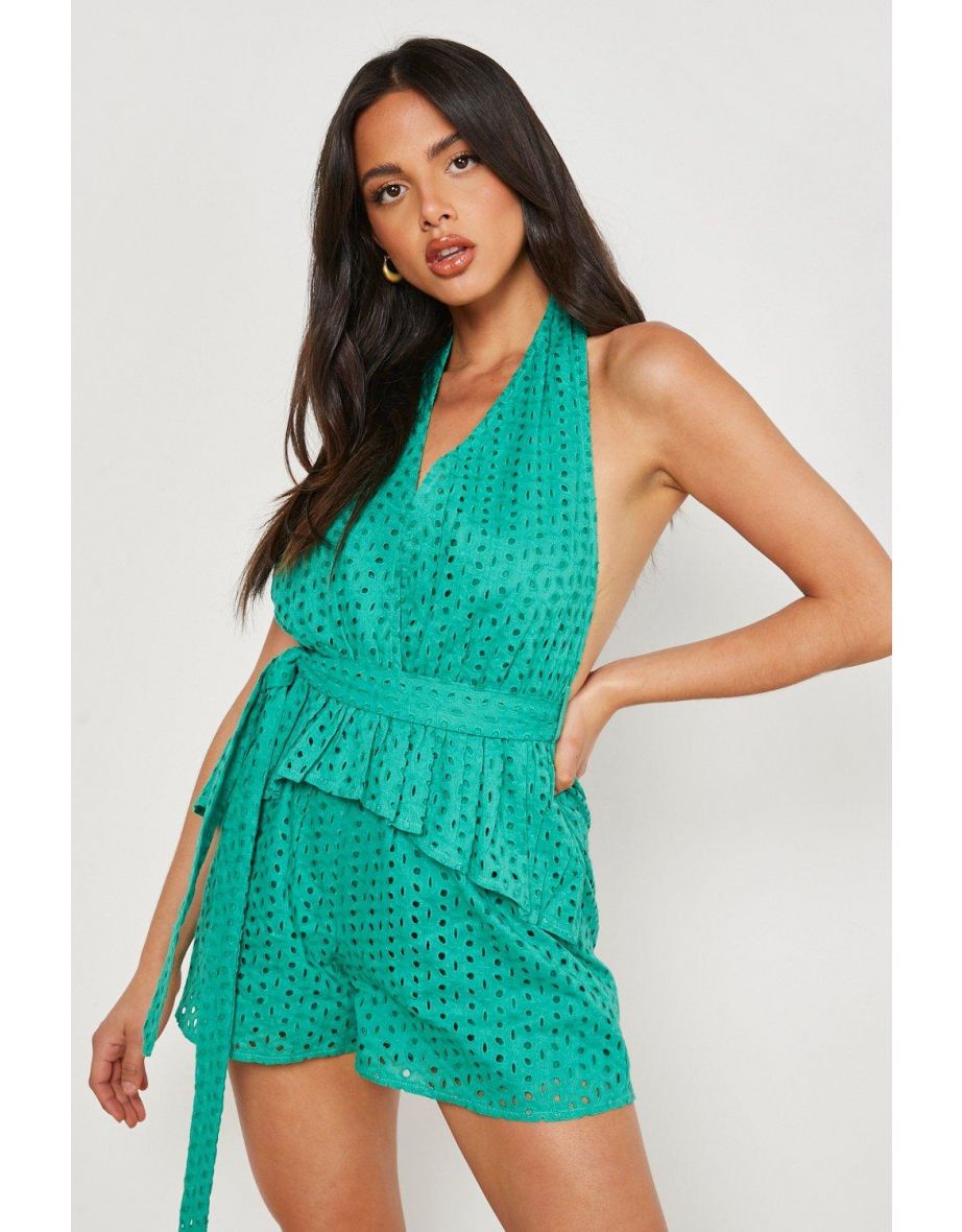 Broderie Halter Neck Frill Detail Playsuit - green