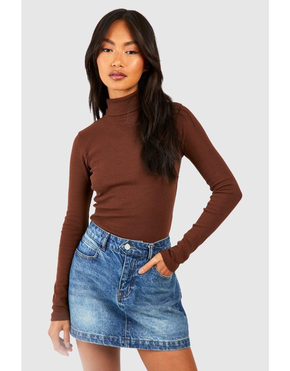 Basic Rib Roll Neck Long Sleeve Bodysuit - chocolate