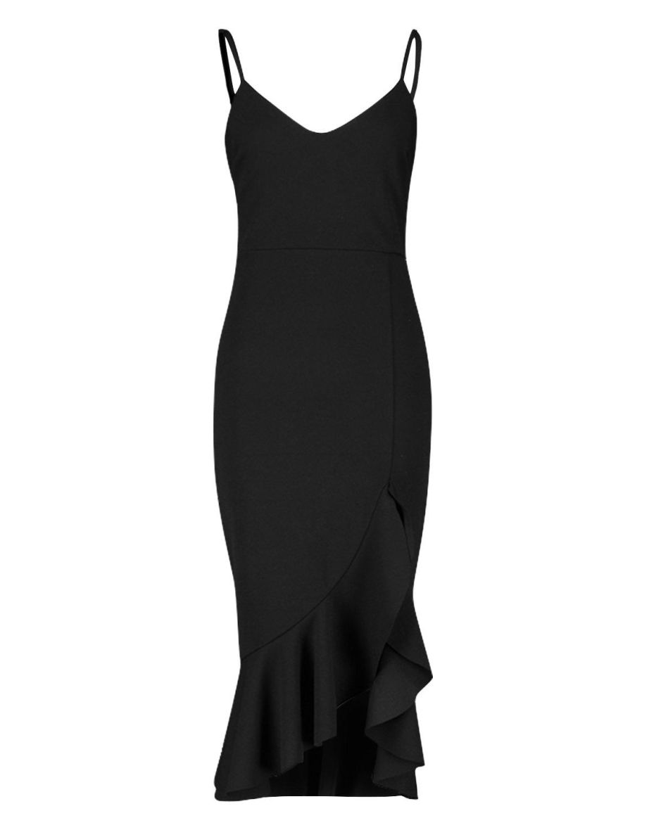 Strappy Frill Hem Midi Dress - black - 1