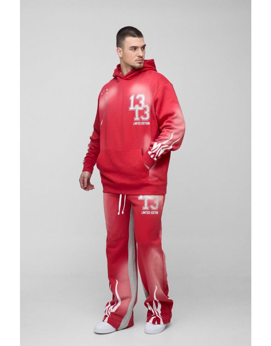 Tall Oversized 13 Washed Flame Print Tracksuit - red