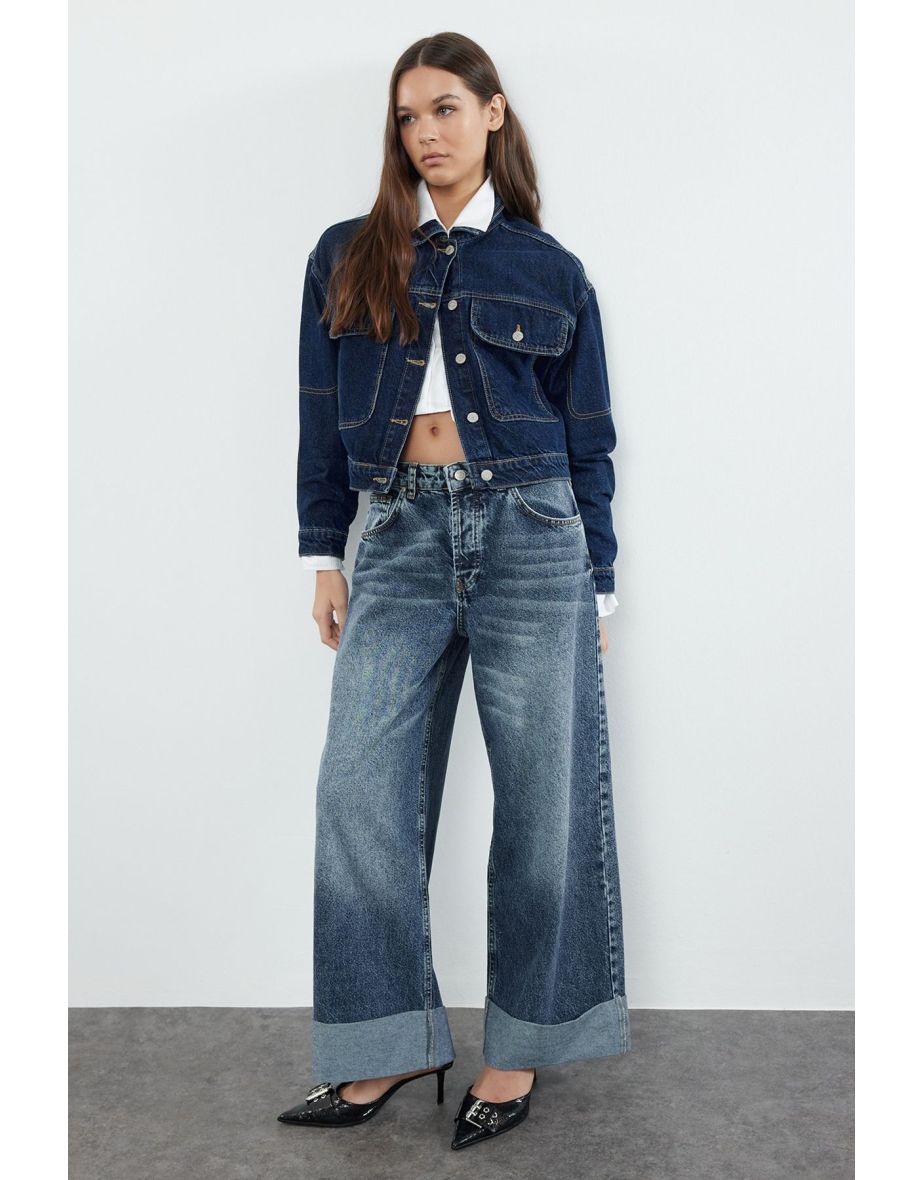 Blue Leg Fold High Waist Barrel Jeans