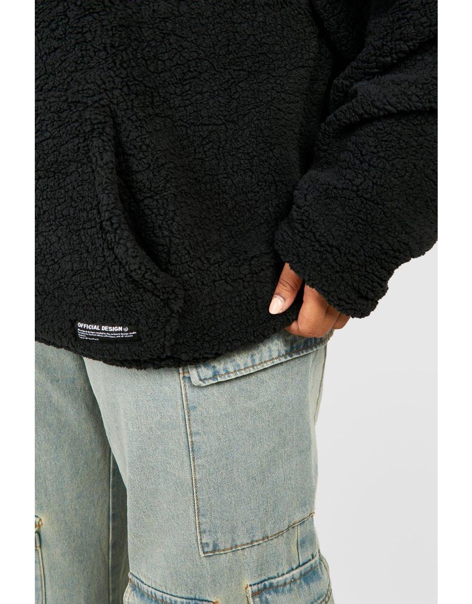 Plus Borg Oversized Hoodie With Woven Label - black - 3