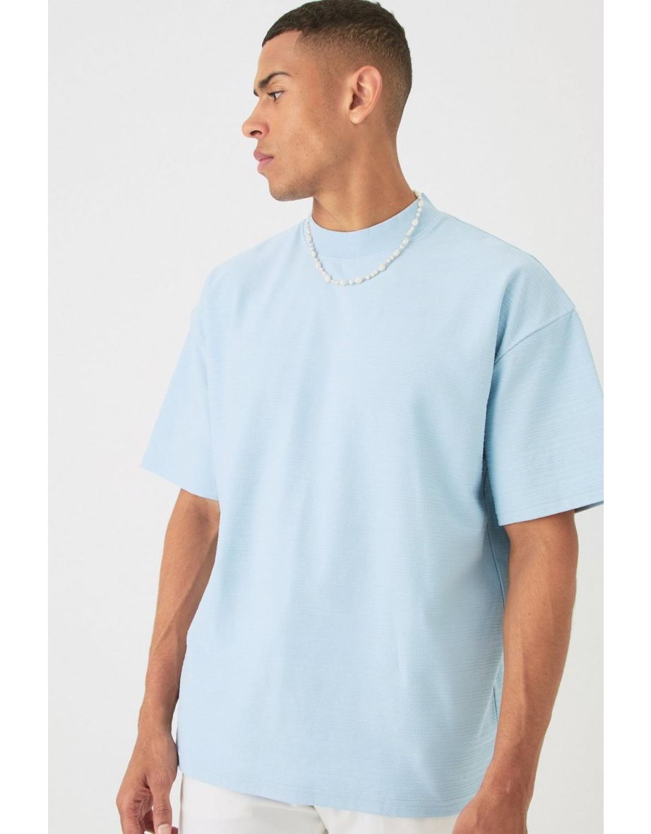 Shop Oversized Jacquard Raised Striped Extended Neck T shirt dusty blue Online in Oman VogaCloset