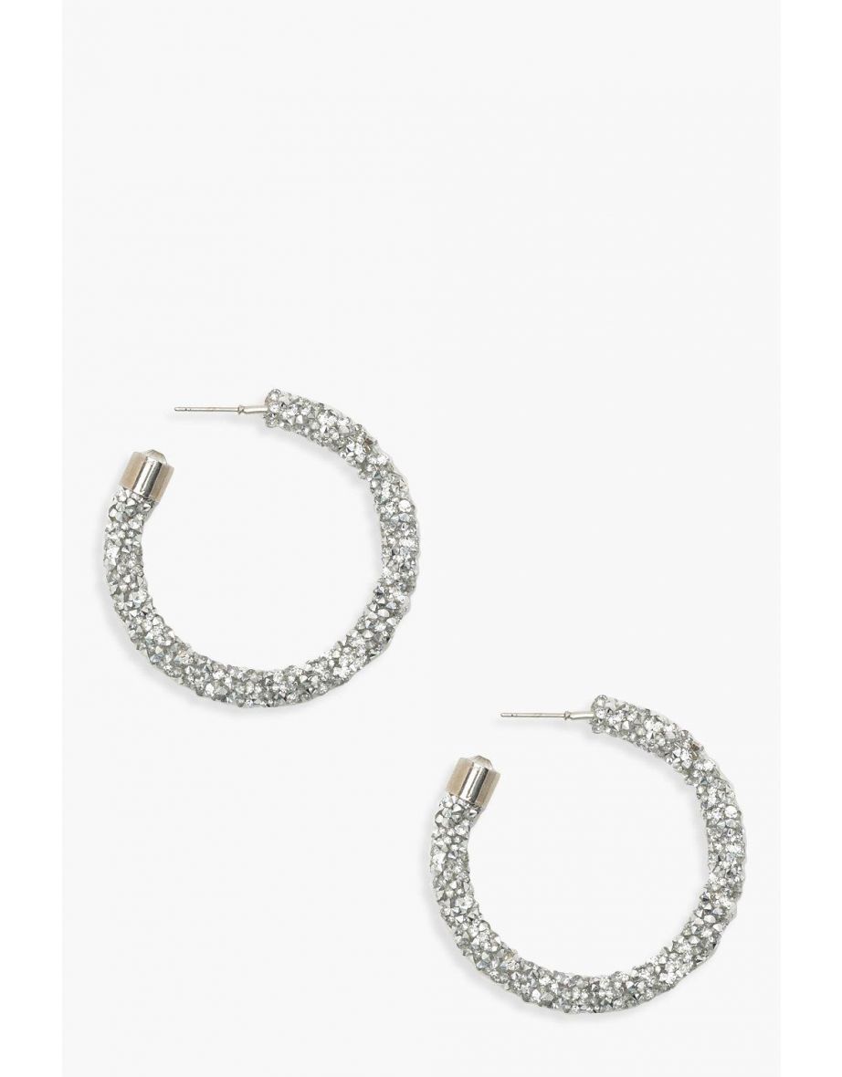 Diamante Cluster Hoop Earrings - silver