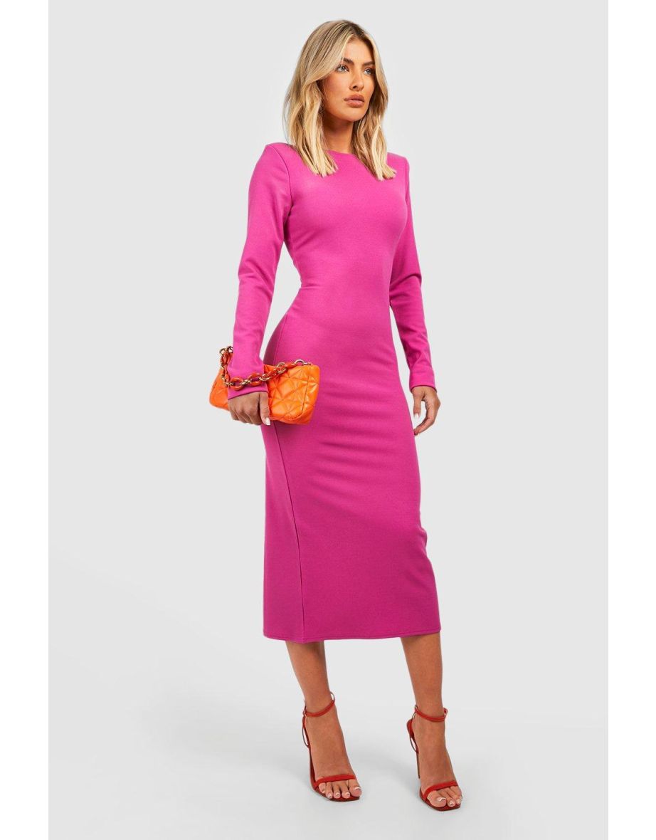 Crepe Shoulder Pad Split Back Midaxi Dress - raspberry