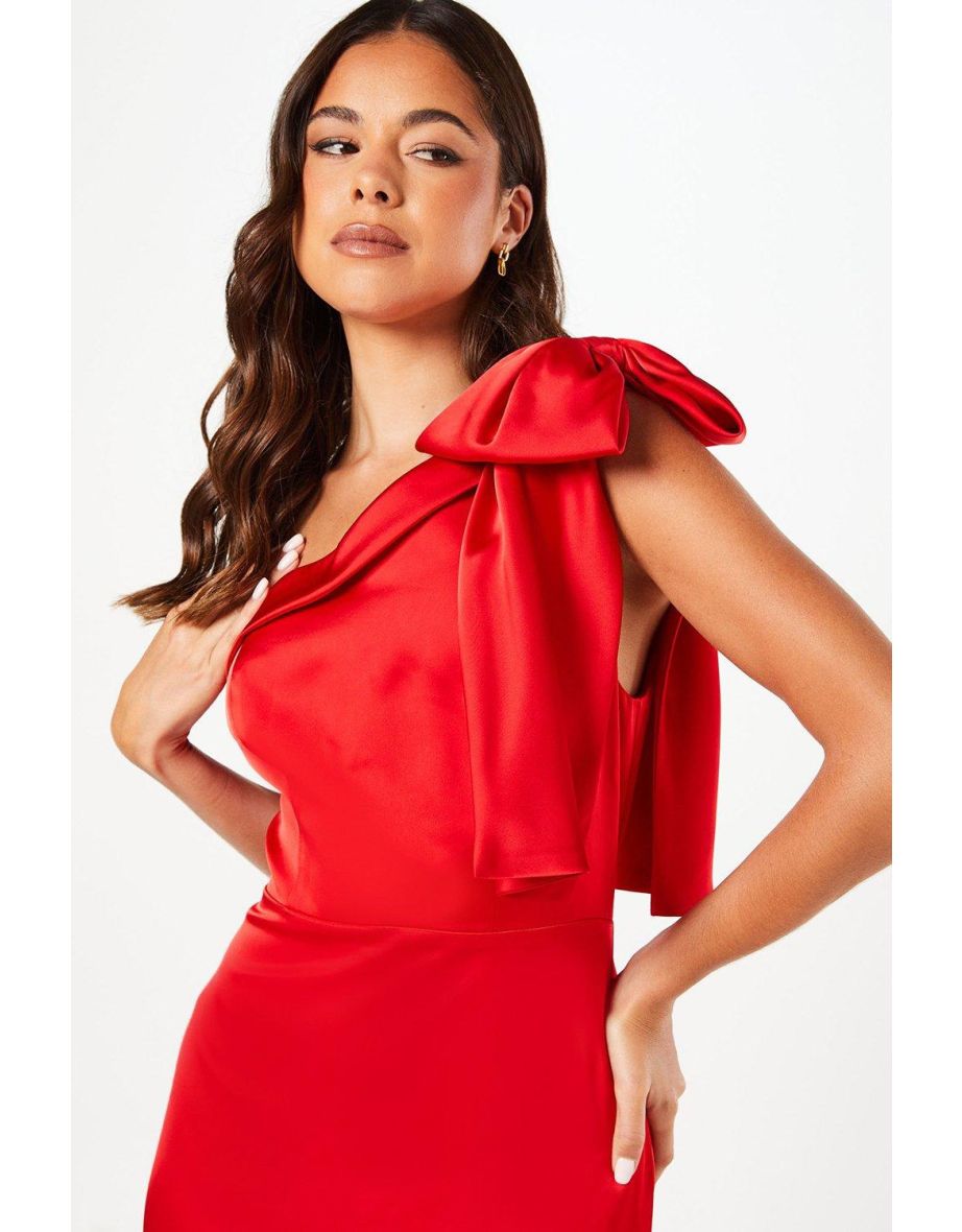 CONTRAST BOW SATIN ONE SHOULDER GOWN - 3
