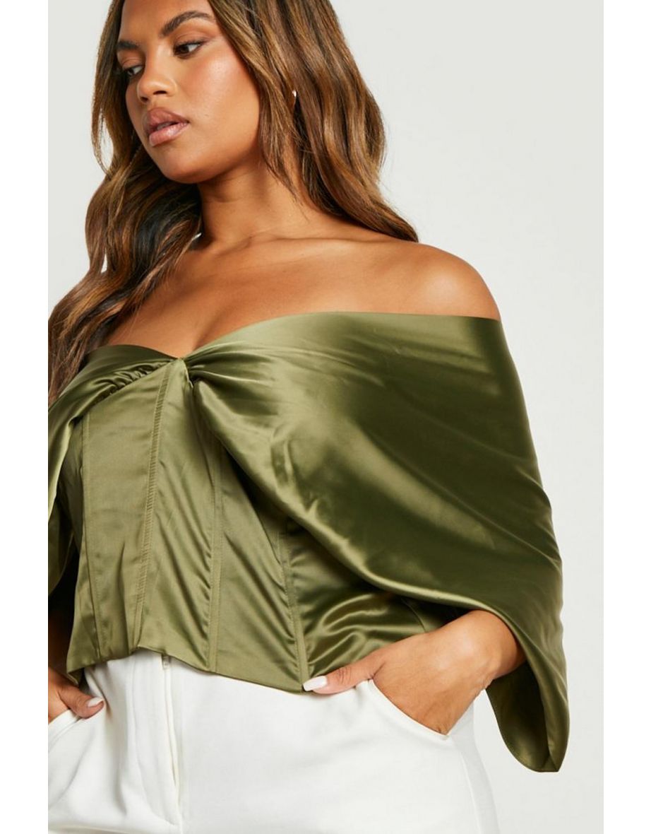 Plus Satin Corset Batwing Top - khaki - 3
