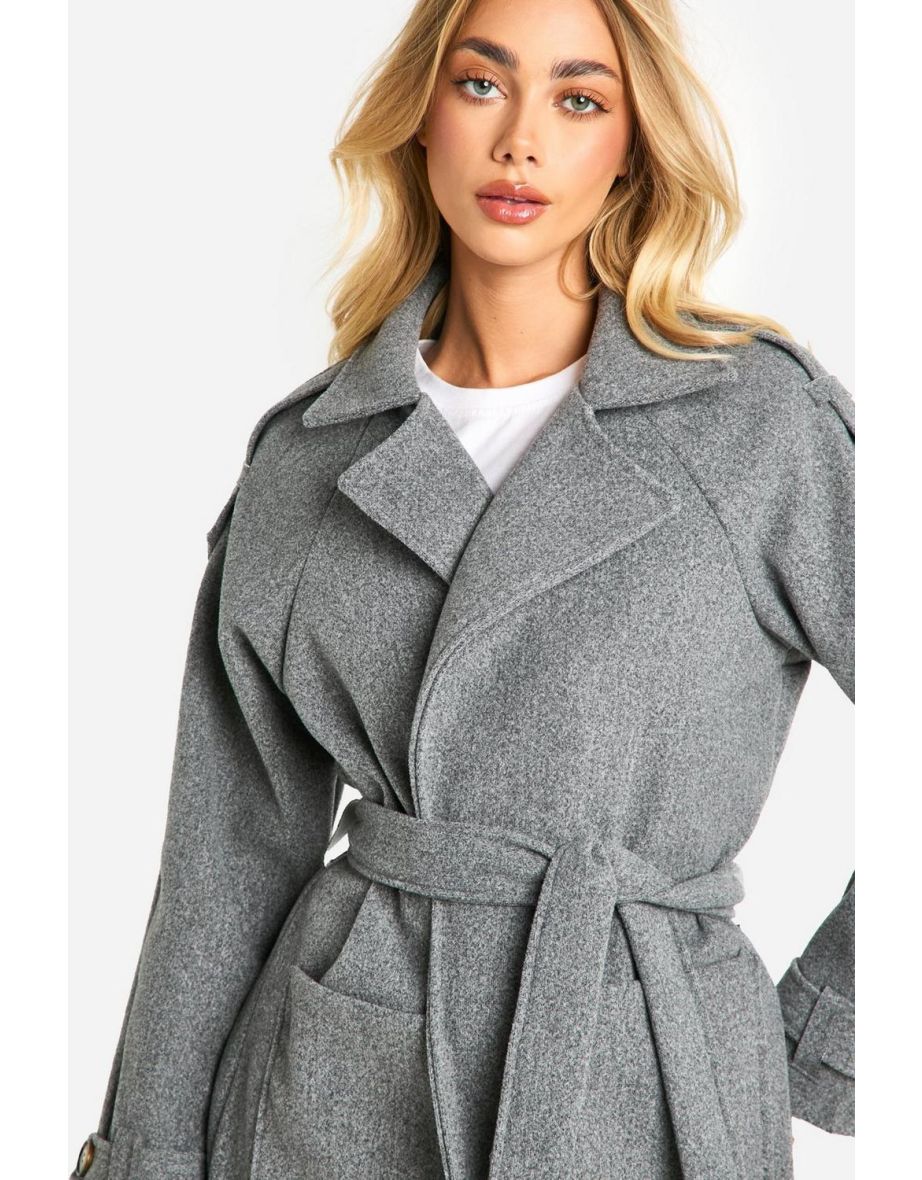 Wool Look Belted Coat - grey marl - 3