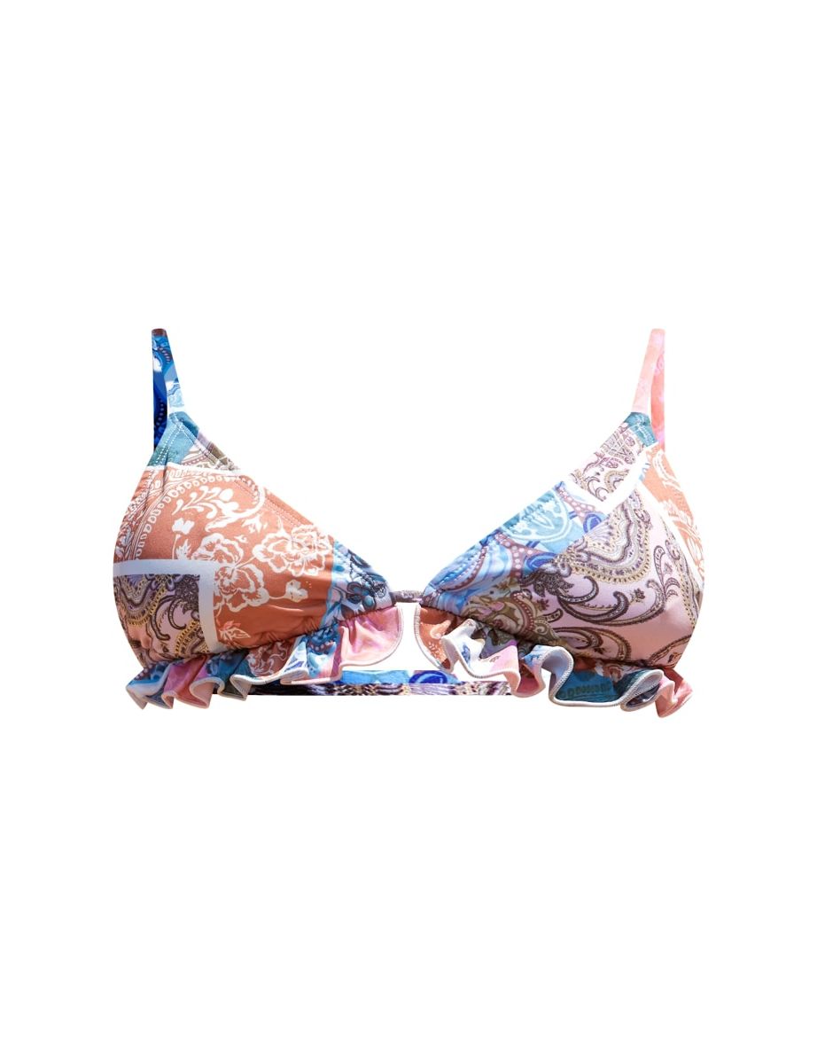 Blue Paisley Print Contrast Stitch Ruffle Triangle Bikini Top - 3