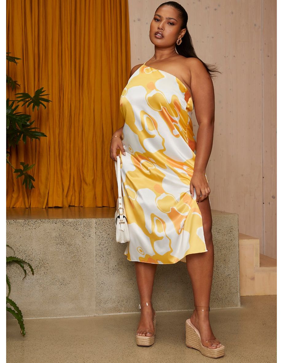 Plus Size One-Shoulder Abstract Print Midi Dress in Yellow