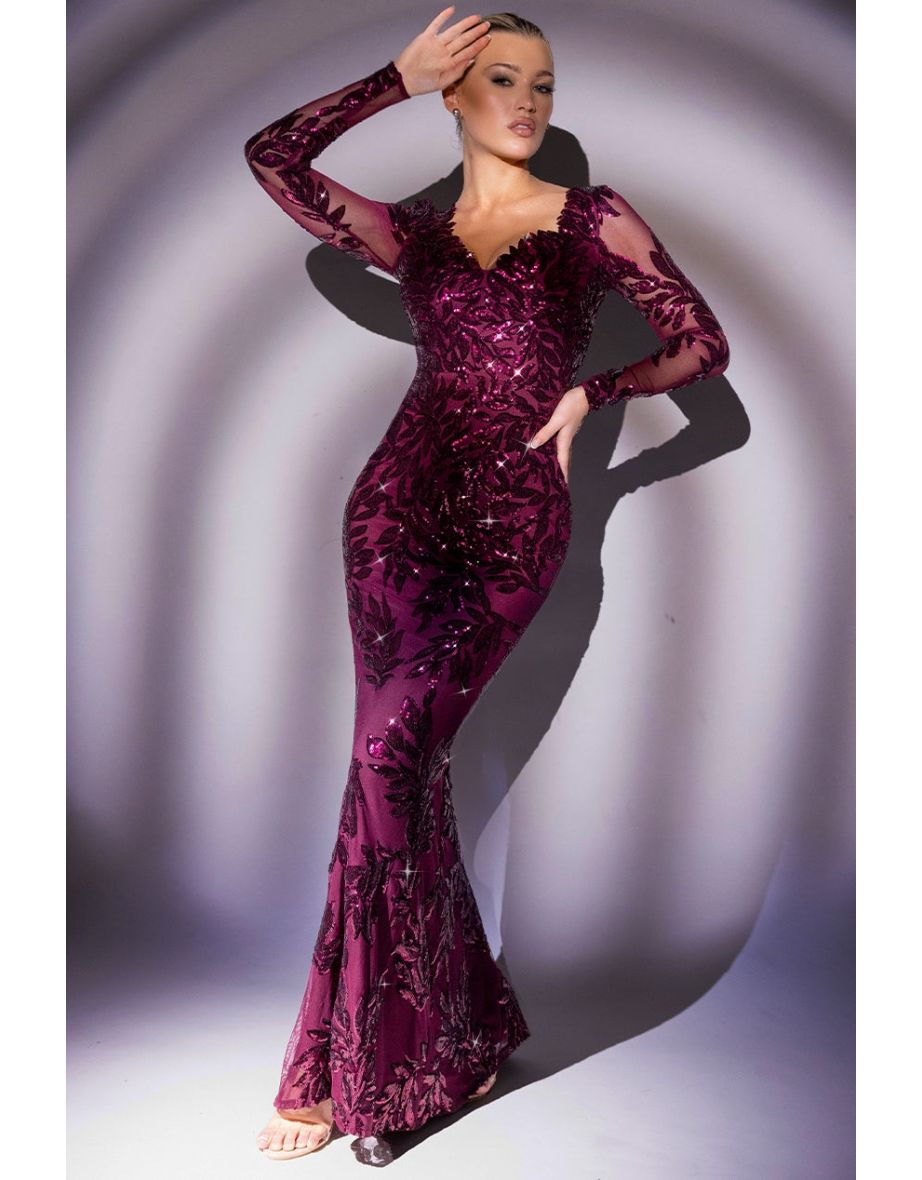 Goddiva Long Sleeve Sequin Leaf Long Sleeve Maxi Dress - Burgundy