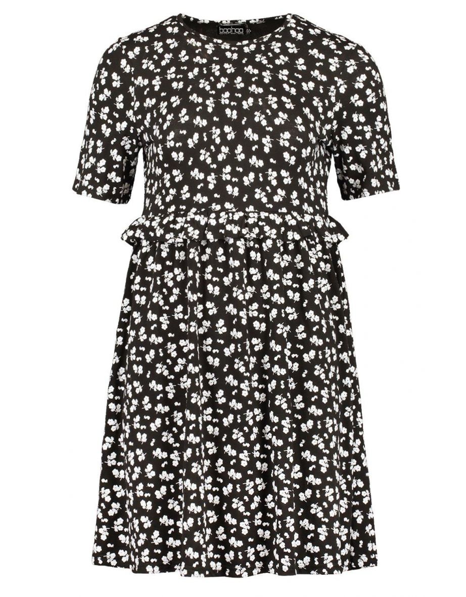 Ditsy Floral Smock Dress - black - 1