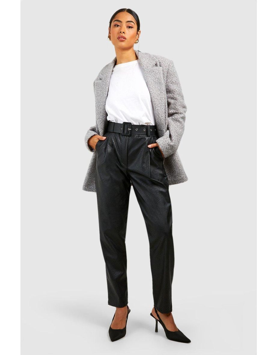 Leather look clearance belted trousers