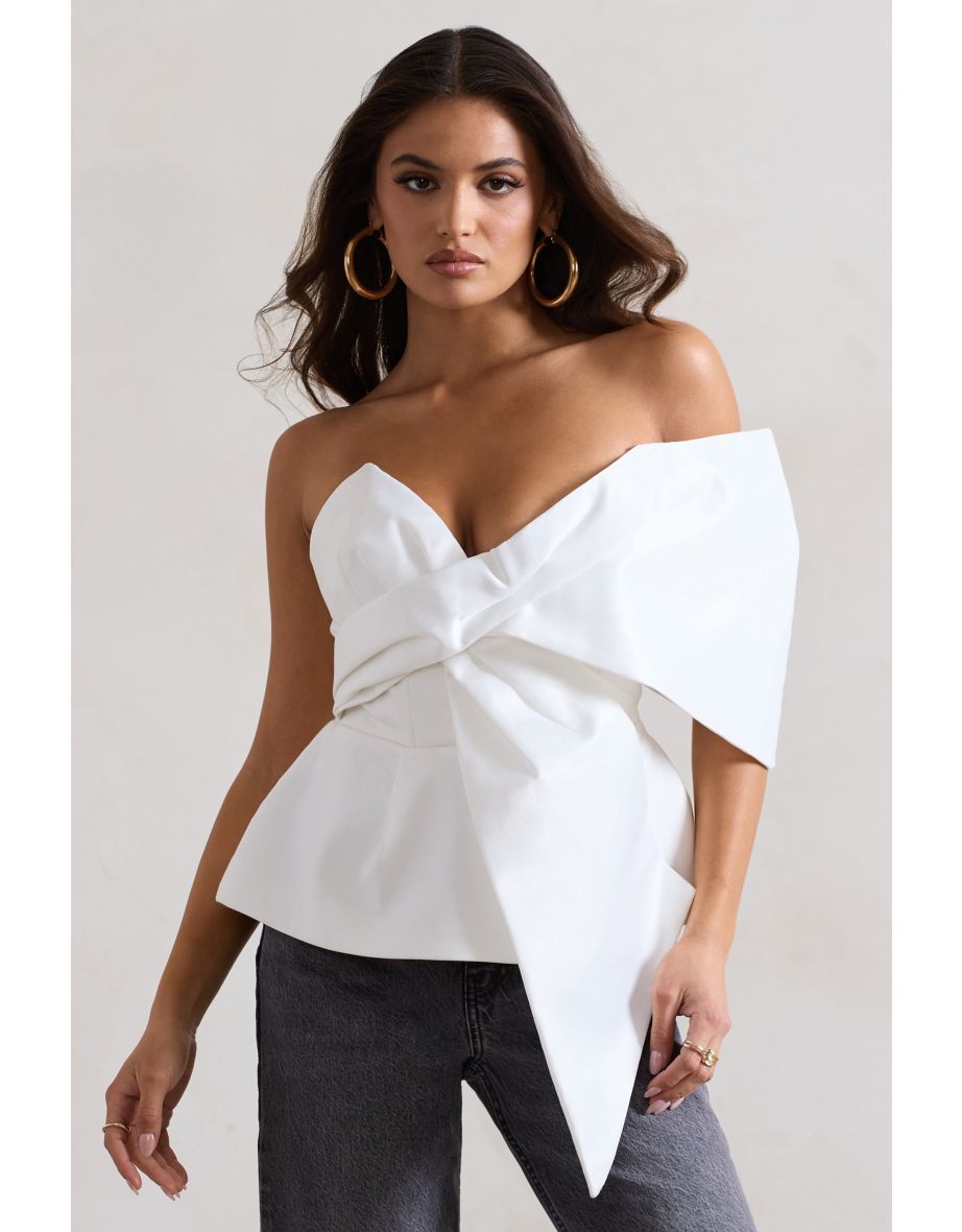 Mayfair | White Asymmetric Bardot Top With Peplum Hem