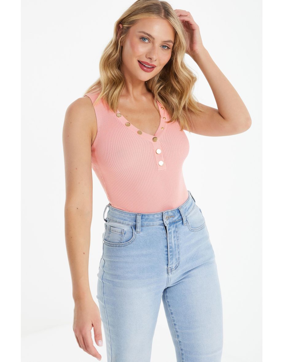 Coral Ribbed Button Bodysuit