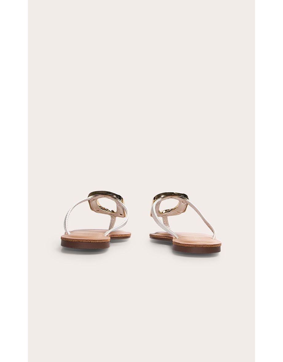 White Pu Square Toe Thong Trim Detail Resin Sole Flat Sandals - 4