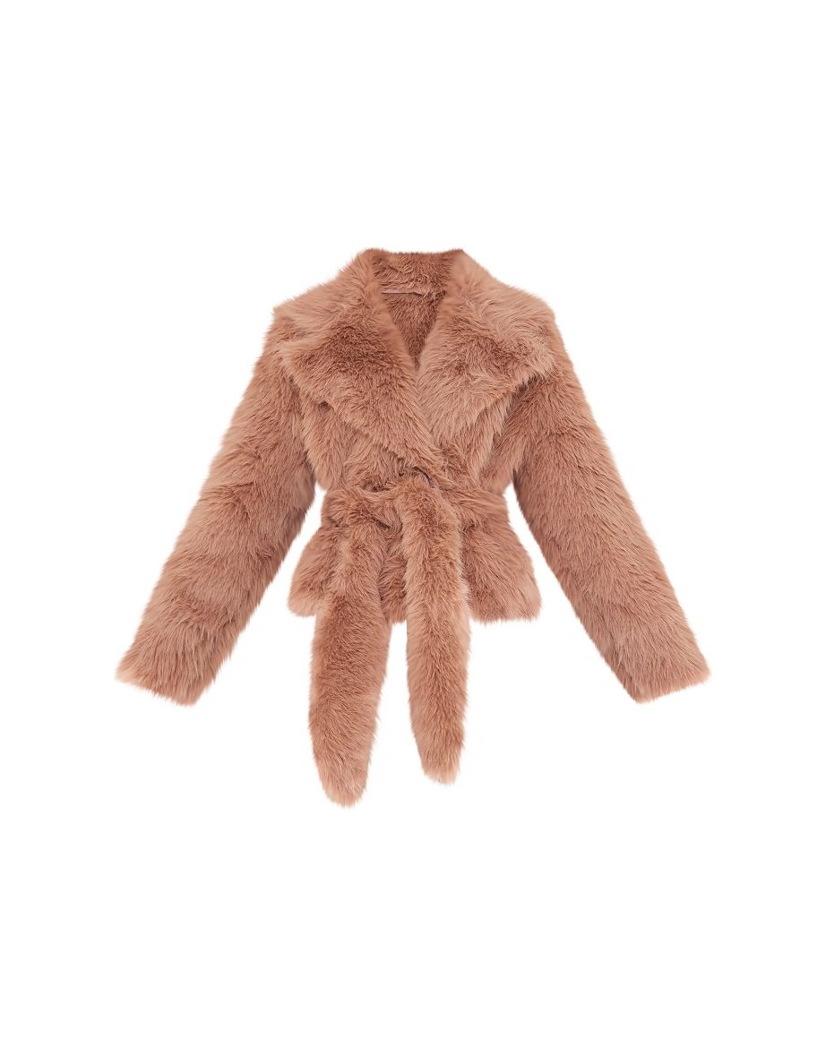 Light Brown Belted Faux Fur Cropped Coat - 4