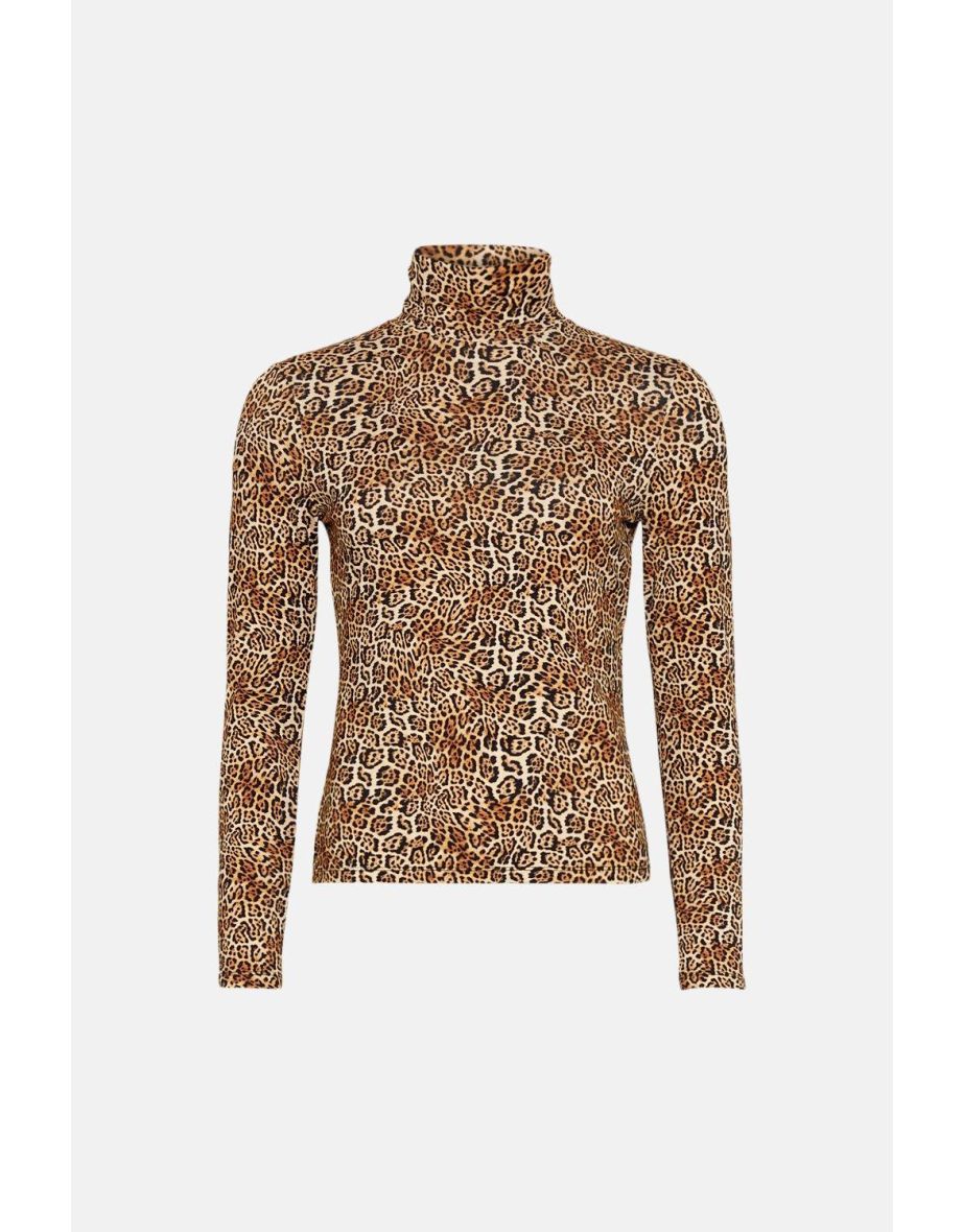 Animal Print Roll Neck Long Sleeve Top - 3