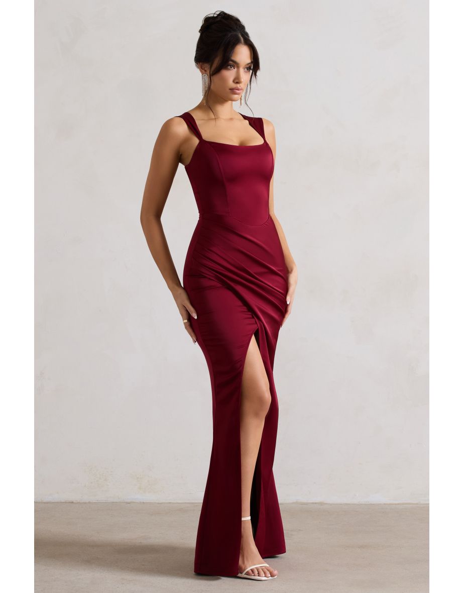 A Romantic | Berry Satin Corset Wrap Maxi Dress - 4