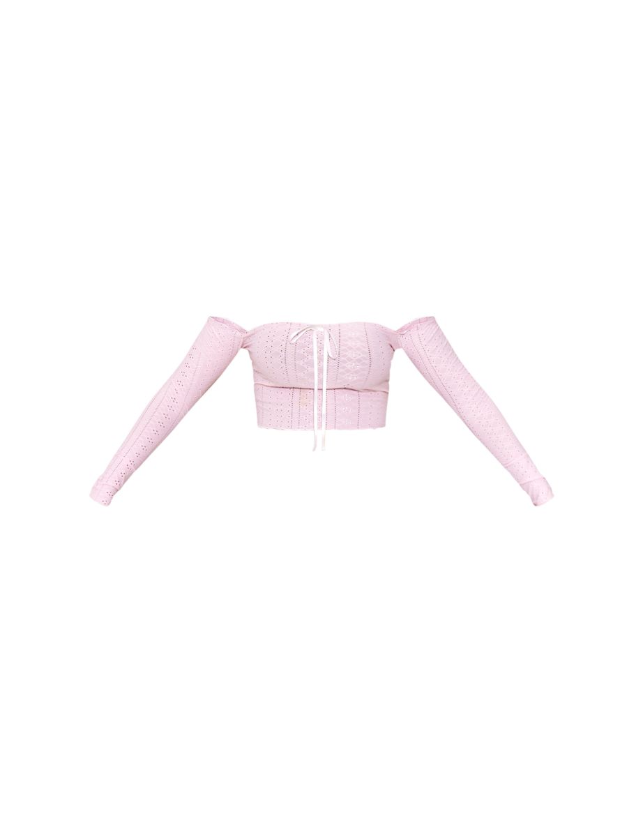 Baby Pink Textured Stretch Ribbon Trim Long Sleeve Bardot Crop Top - 4