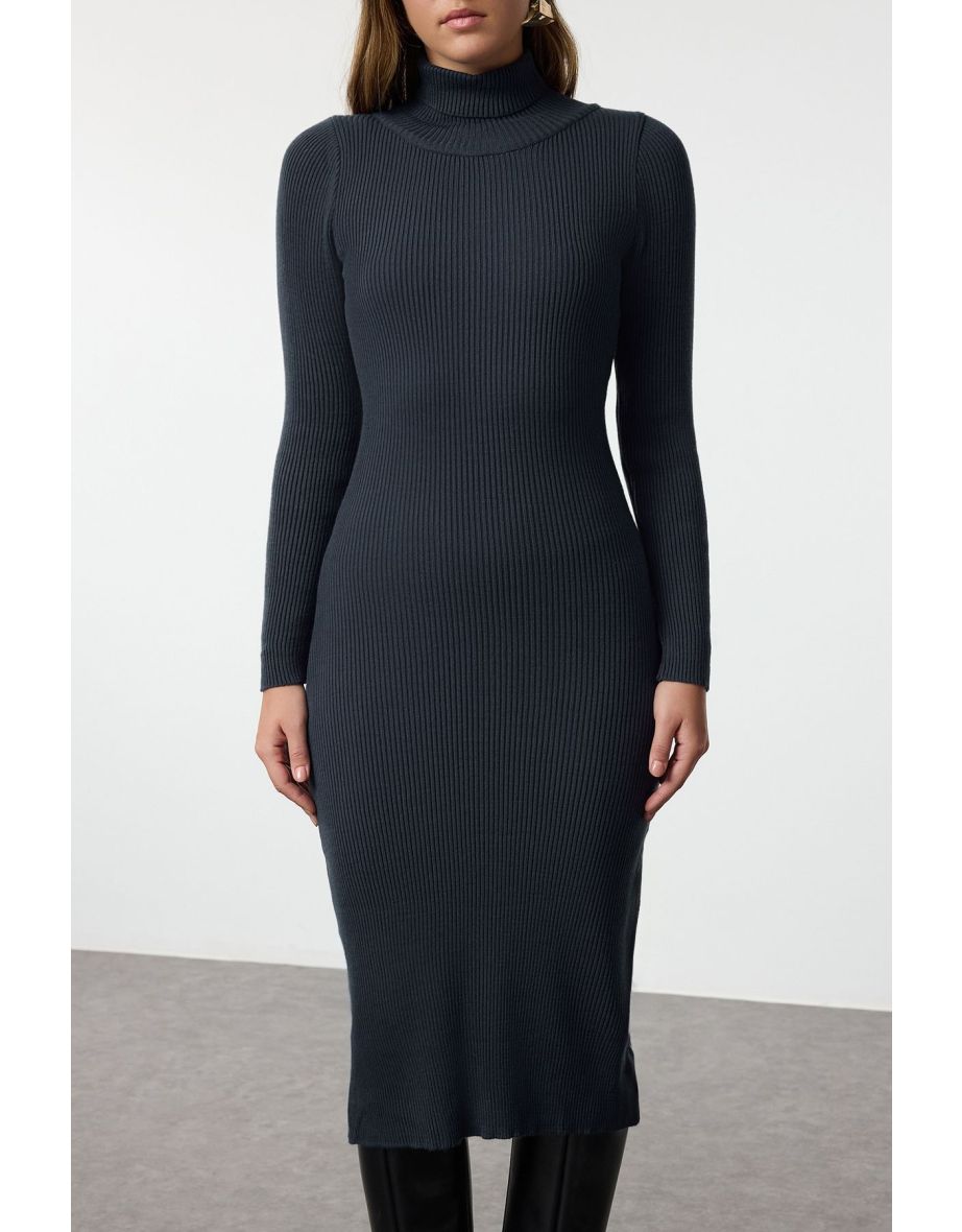 Indigo Midi Knit Basic Turtleneck Dress - 4