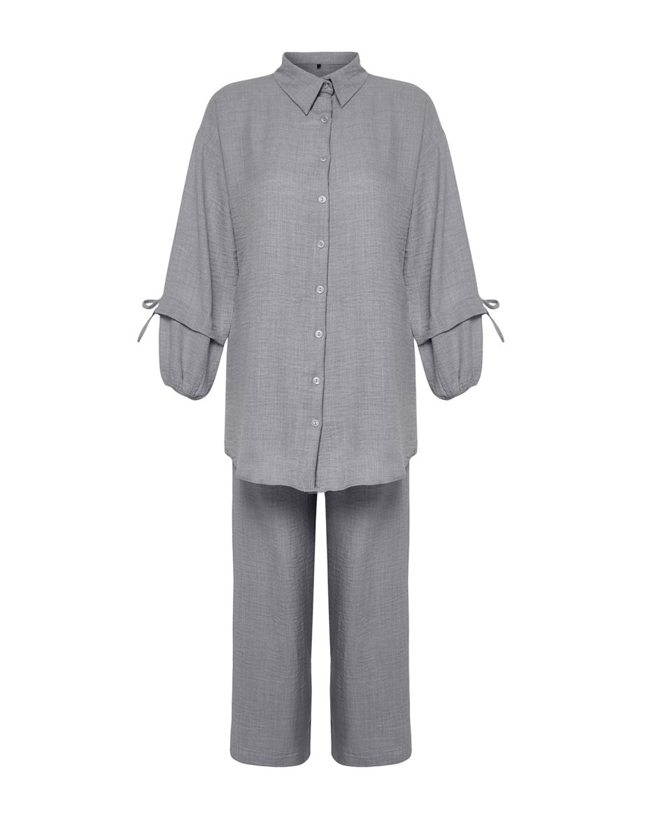 Gray Linen Look Woven Two Piece Set - 7