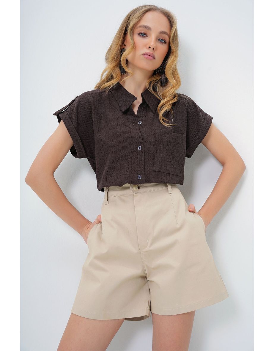 Women's Brown Cuffed Double Short Sleeve Textured Shirt