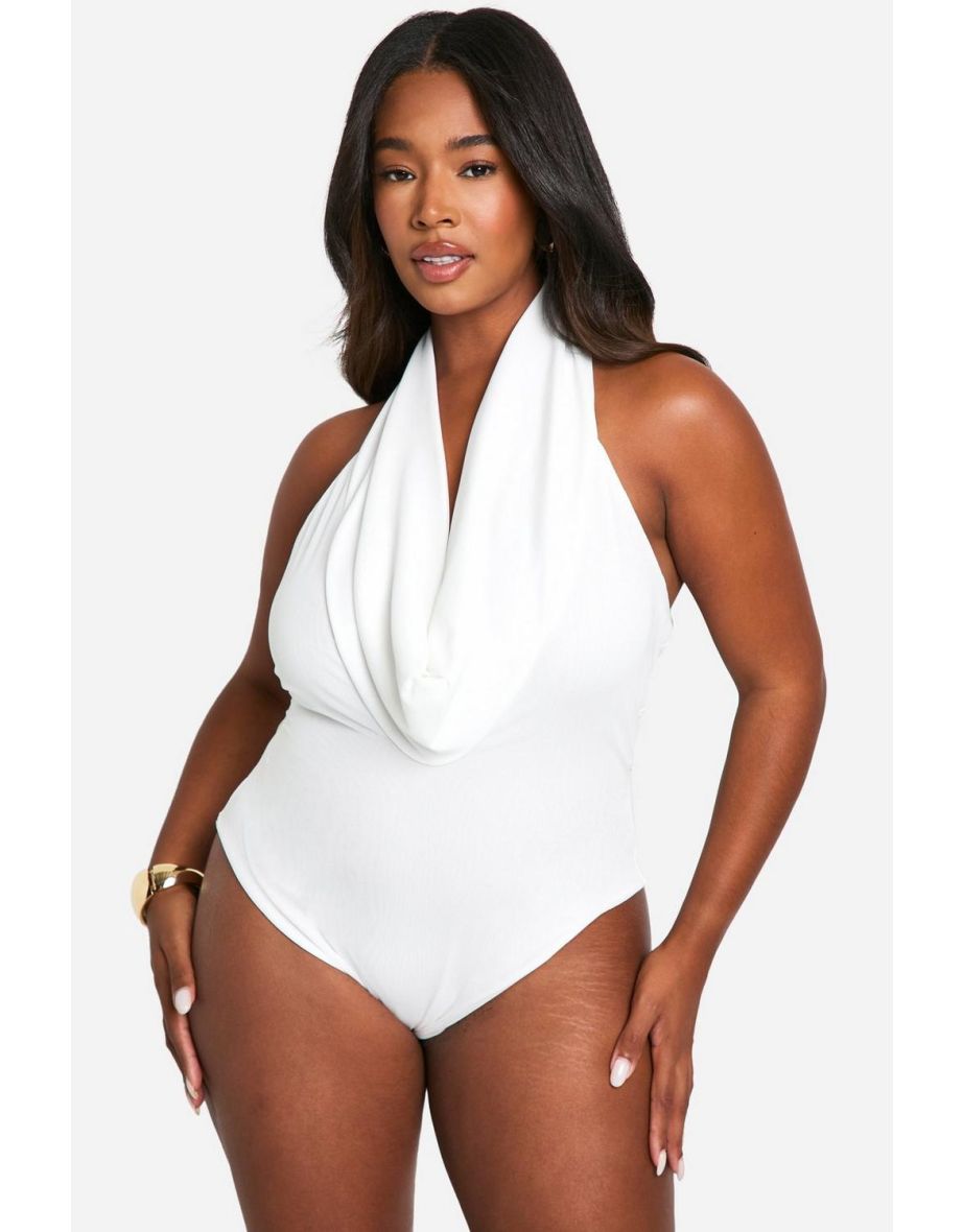 Plus Mesh Cowl Neck Bodysuit - cream - 3