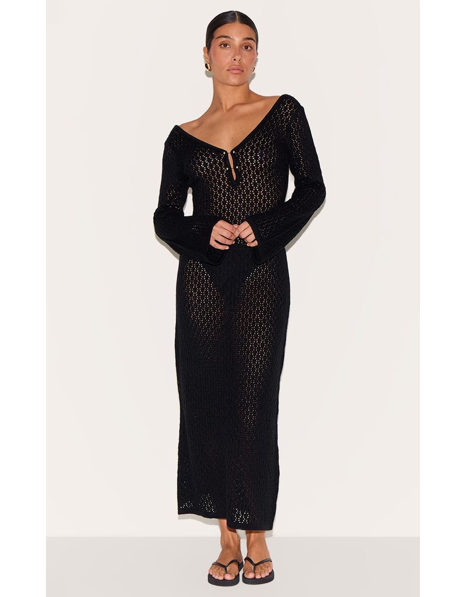 Petite Black Knit V Neck Maxi Dress