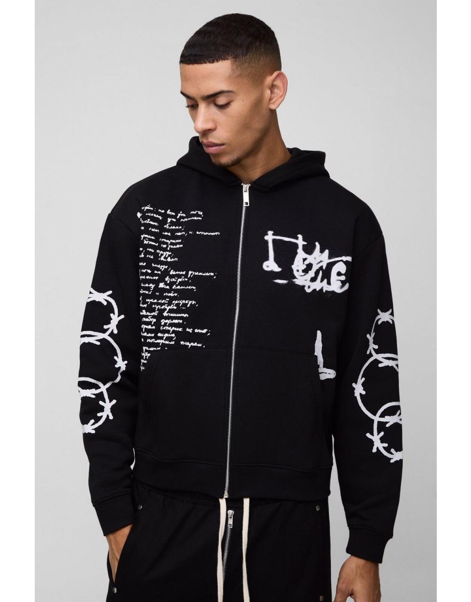 Oversized Multi Placement Graffiti Zip Through Hoodie - black